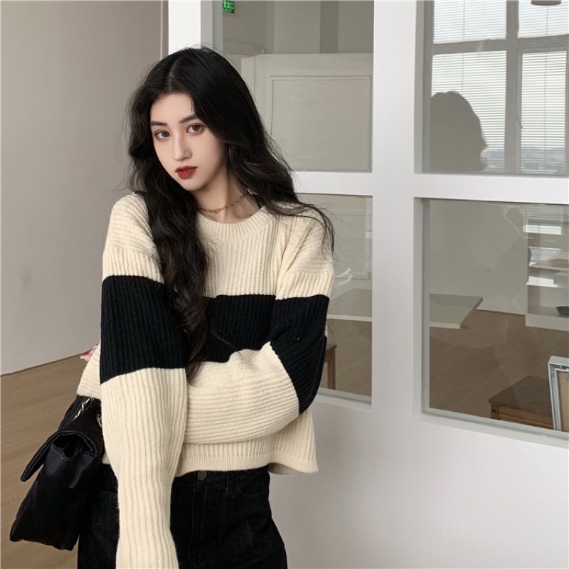 Áo Sweater Dệt Kim Tay Dài Thân Ngắn Họa Tiết Kẻ Sọc Phong Cách Hàn Quốc Cho Nữ