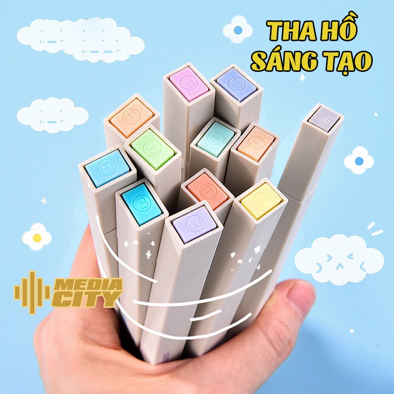 Bút highlight pastel 2 đầu Media City, bút đánh dấu bút nhớ Light Color trang trí sổ bullet journal văn phòng phẩm