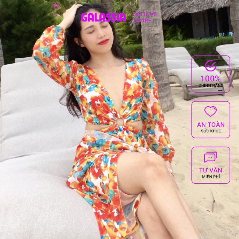 Đồ bơi nữ bikini 1 mảnh nữ liền thân tay dài khoét eo khoen tròn sexy thời trang du lịch cao cấp GALASSIA