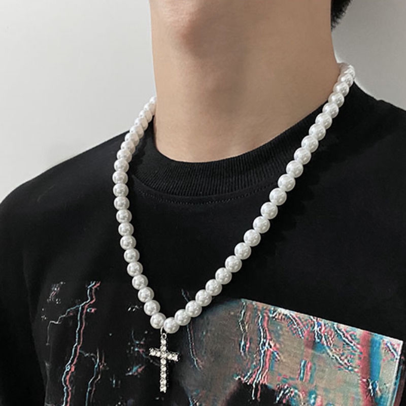 Dây chuyền 22496 mặt thánh giá đính ngọc trai phong cách hip hop thời trang đường phố độc đáo