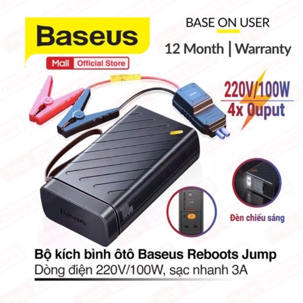 Bộ kích bình cứu hộ ô tô BASEUS Reboost Jump Starteri nguồn điện lưu trữ năng lượng di động 220V/100W, 4 0utput, LED