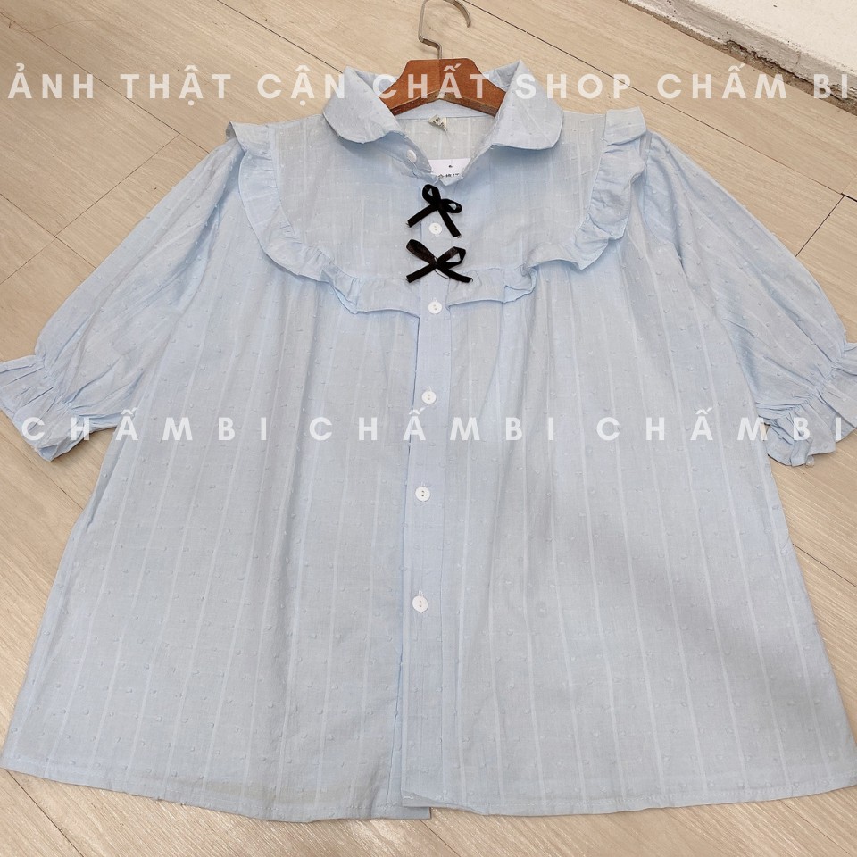 [SALE] Áo Sơ Mi Ngắn Tay Cổ Yếm Bèo Hai Nơ Nhỏ Cực Xinhhh Freesize&lt;53Kg - A.174