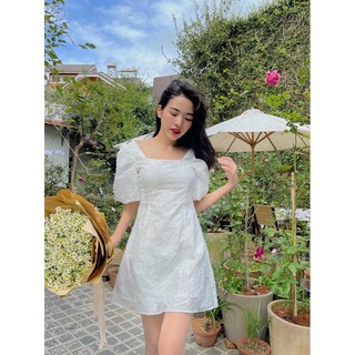 Đầm hoa nổi tay phồng