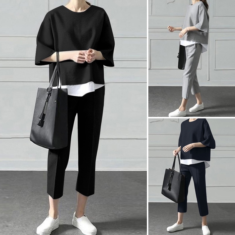 Set đồ 2 món ZANZEA gồm áo thun ngắn tay và quần dài lưng cao thời trang cho nữ