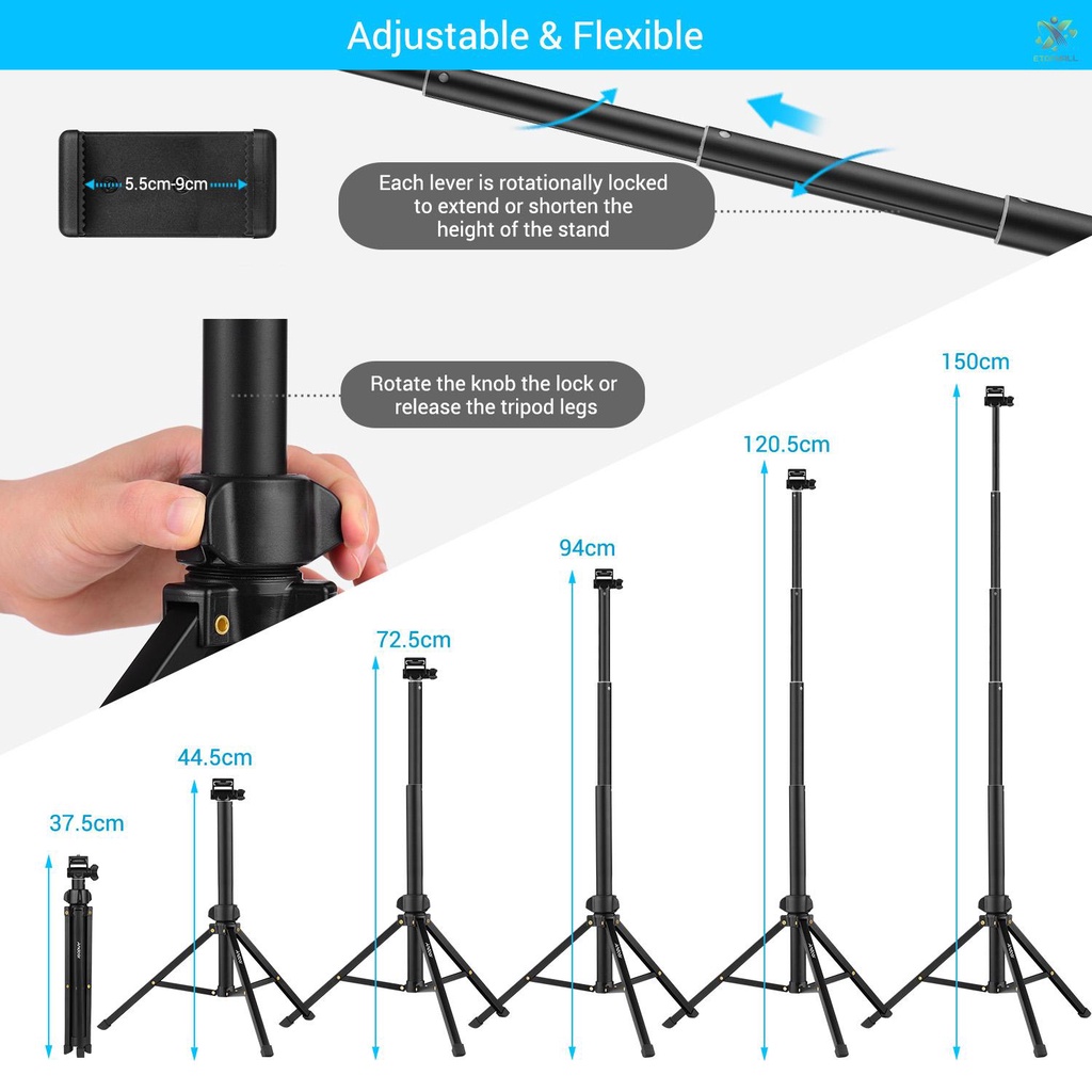 ET Andoer 1.5m/59in 2-in-1 Tripod Stand + Extendable Selfie Stick Aluminum Alloy with Phone Holder Remote Shutter Compatible with  Android Phones for Selfie Group Photo Live Streaming