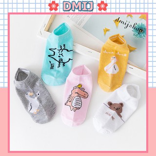 Set 5 đôi tất nữ cổ thấp nhiều màu vớ nữ cổ thấp hình khủng long hồng T74