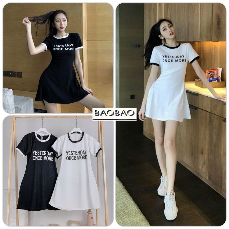 Đầm Thun Cộc Tay Kẻ Viền Yesterday - BaoBao.Clothing [FREESHIP] - Váy ôm body dáng ngắn tay lỡ, kiểu dáng vintage