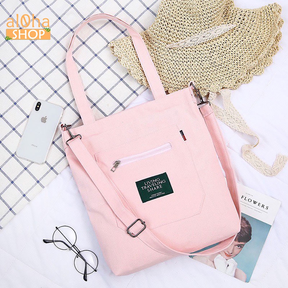 Túi tote đeo vai, đeo chéo vải bố canvas T046 nữ 2 dây đựng đồ đi học, đi chơi mềm đẹp - al0ha Shop