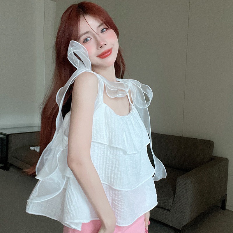 Áo Hai Dây Không Tay Thắt Nơ Màu Trơn Ngọt Ngào Phong Cách Hàn Quốc Thời Trang Cho Nữ