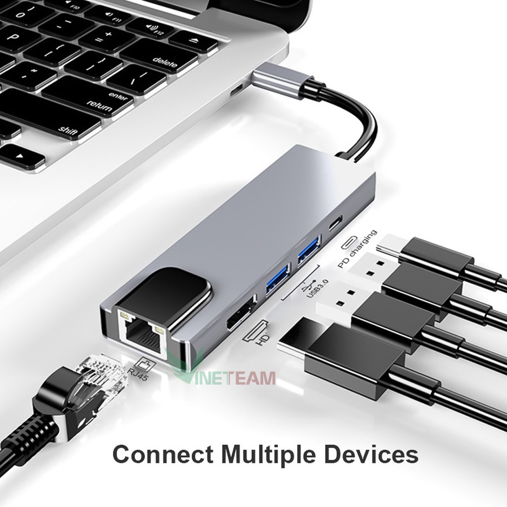 Hub USB Type C 5 in 1 To HDMI, RJ45, 2 x USB 3.0, USB Type C - Bảo Hành 1 đổi 1 -dc4717