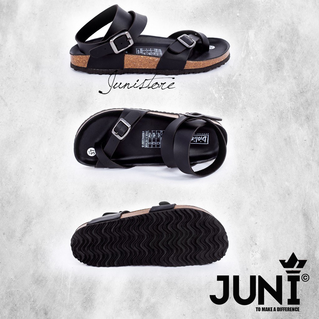 [DA PU/CHỐNG NƯỚC] PU16-Dép da sandal cao cổ Unisex, Màu đen, đế trấu Bioline Birken- Xuất khẩu châu Âu - Juni Store