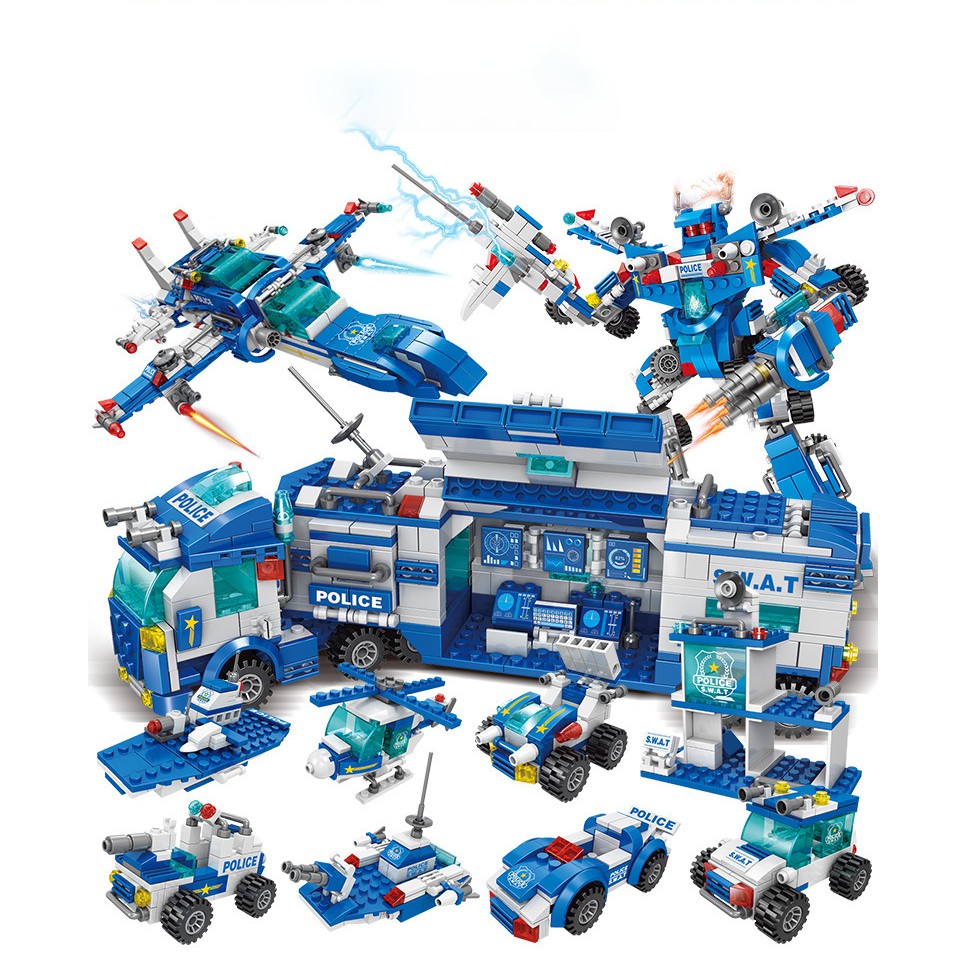 [700 chi tiết] Đồ chơi lego lắp ráp lego xe cảnh sát s.w.a.t và mô hình lắp ghép lego robot xanh dương