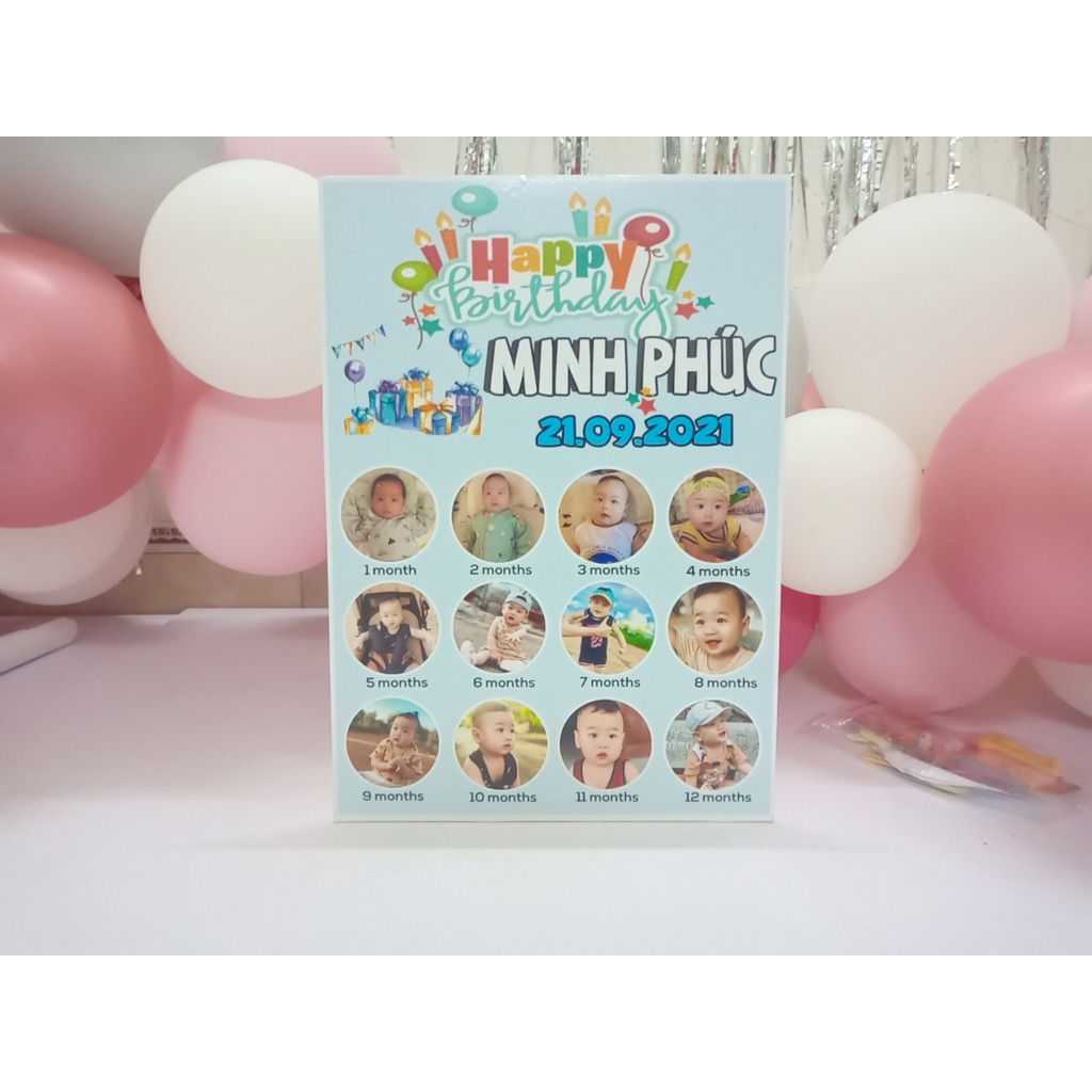 Bảng thành tích bảng thông tin hoặc bảng ảnh 12 tháng - Trang trí sinh nhật thôi nôi bé trai bé gái in hình bé