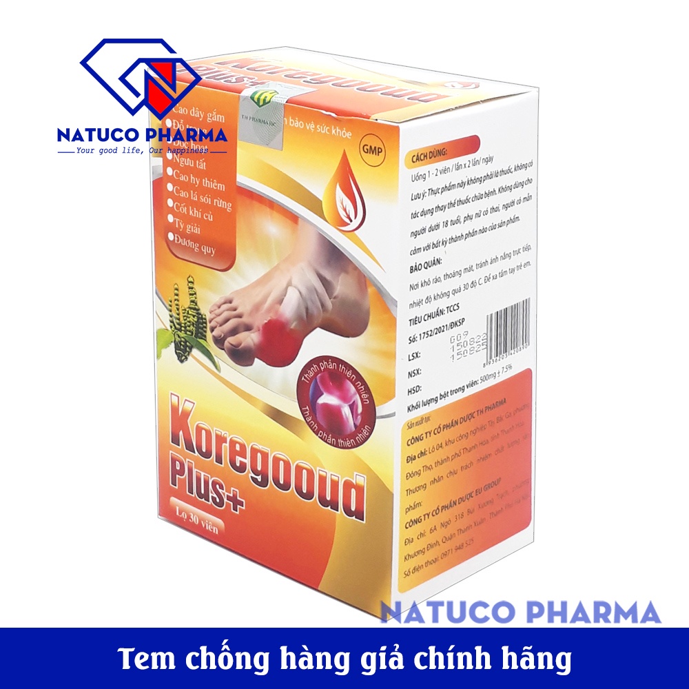 KORE GOOUD PLUS - Viên uống giảm Gút từ Thành phần 100% thảo dược - giảm acid máu, giảm đau, sưng do gout - Hộp 30 viên