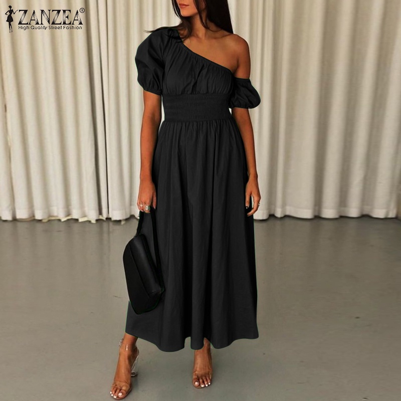 Đầm ZANZEA dáng chữ A hở vai tay ngắn eo cao đàn hồi phong cách Châu Âu thời trang dành cho nữ