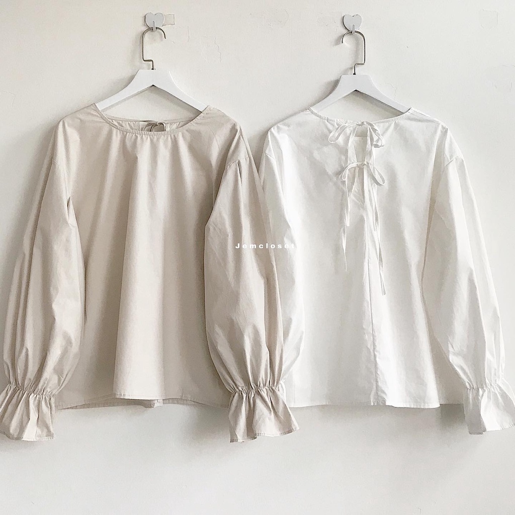 Áo Babydoll Nữ Form Rộng JEM CLOSET Áo Babydoll Tay Phồng Thắt Nơ Bánh Bèo Tiểu Thư 2 Màu Be Trắng ANY 1407