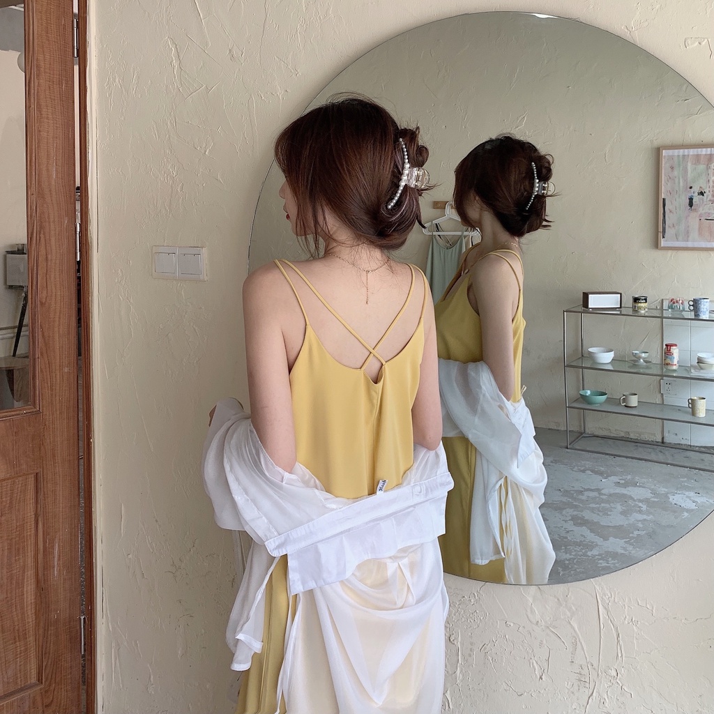 SUXI Đầm Hai Dây Dáng Rộng Màu Trơn Thời Trang Mùa Xuân Mới Cho Nữ