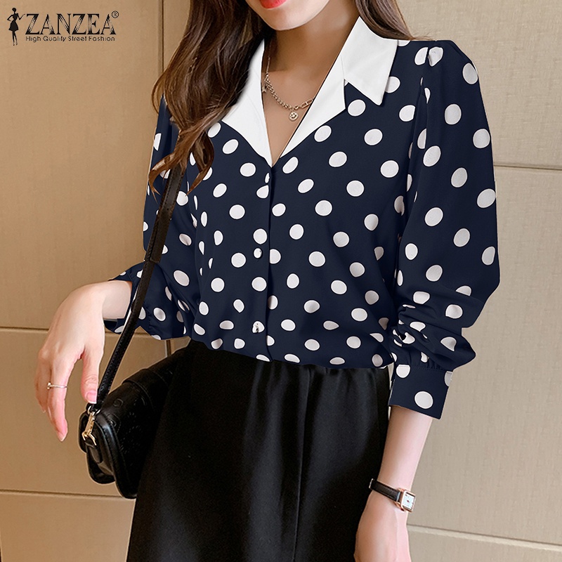 Áo sơ mi ZANZEA tay dài cổ bẻ họa tiết chấm bi phong cách Hàn Quốc thanh lịch dành cho nữ