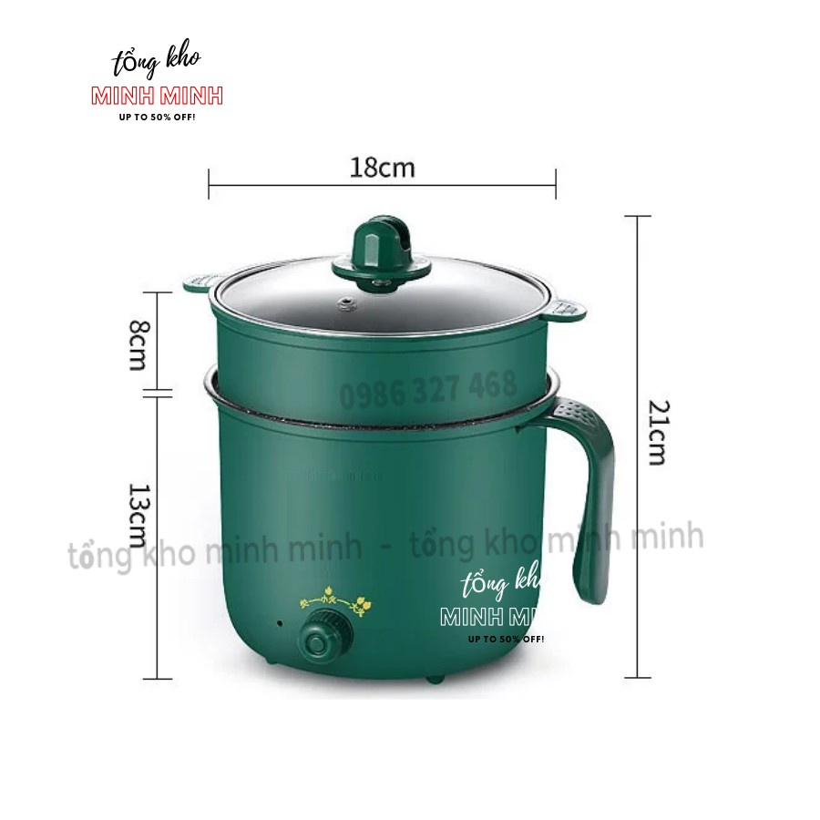 Ca Nấu Mì, Nấu Cơm Đa Năng Có Tay Cầm 1,8L - Nồi Lẩu Điện Mini Kèm Giá Hấp Inox