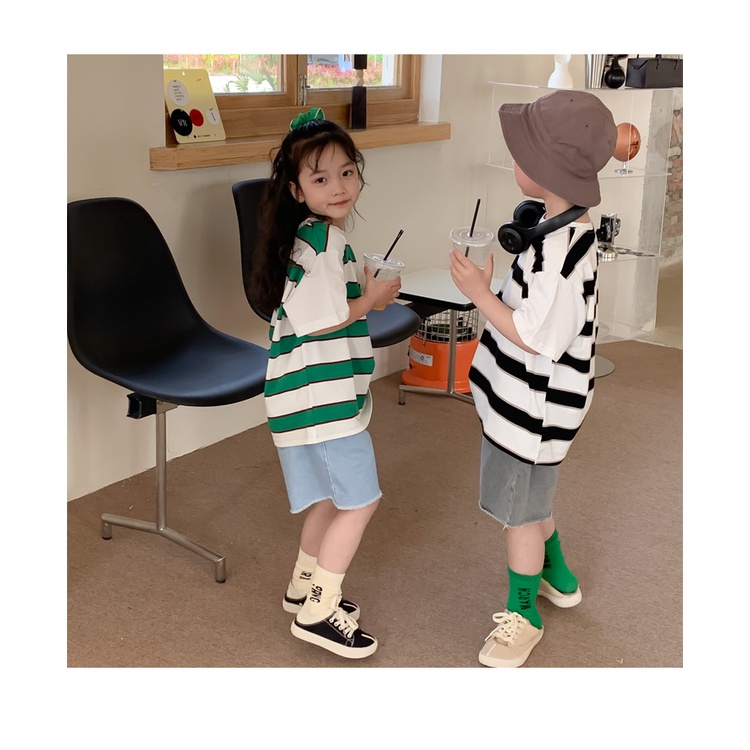 Áo kẻ ngang phối tay trắng 3 màu cho bé trai bé gái mùa hè mới B69-21160