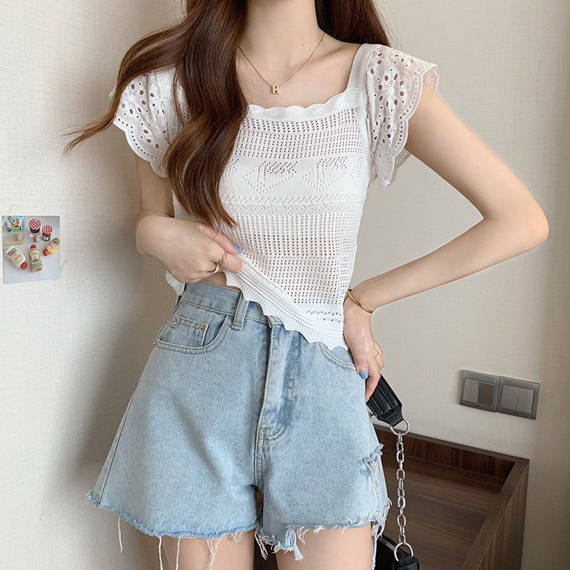 Áo Len Mongtoghi Lưới Cổ Vuông Phăng Tay Xô Tay Ngắn | Smide Clothing