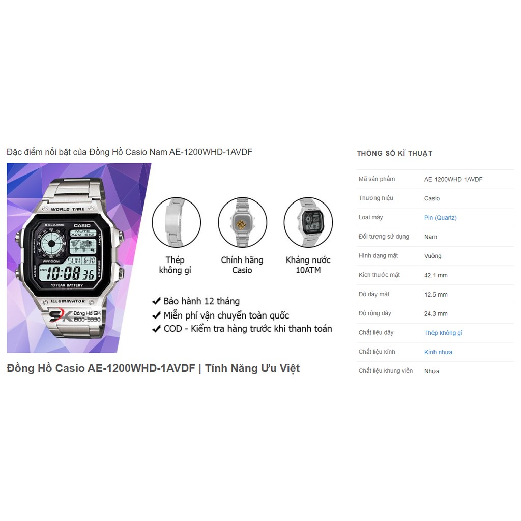 Đồng Hồ Nam Casio AE-1200WHD-1AVDF - Tem Vàng,Chính Hãng Anh Khuê [Bảo Hành 5 Năm - Thay Pin 10 Năm] | BigBuy360 - bigbuy360.vn