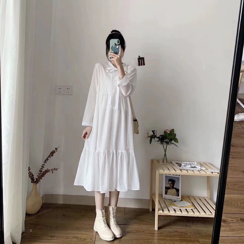 Váy babydoll nữ dài tay buộc nơ cổ dáng suông phom rộng cực xinh màu trắng tay xuông