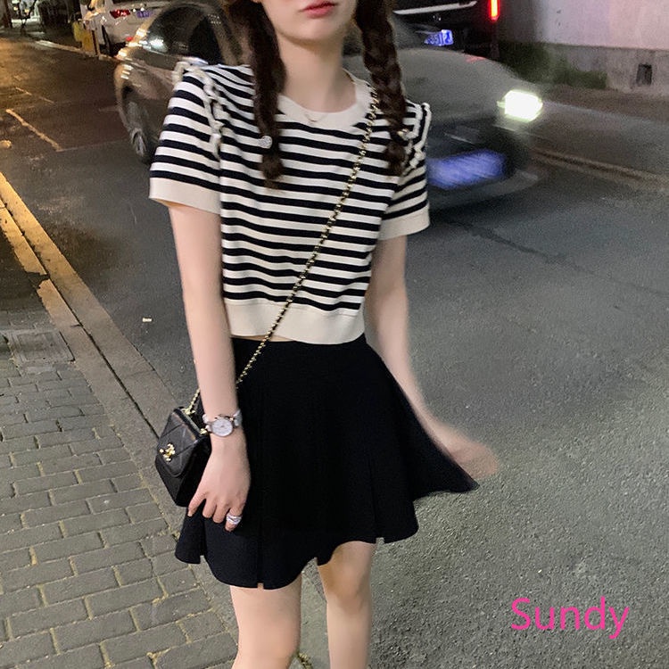 Áo Thun Ngắn Tay Kẻ Sọc Thời Trang Mùa Hè Pháp Cho Nữ