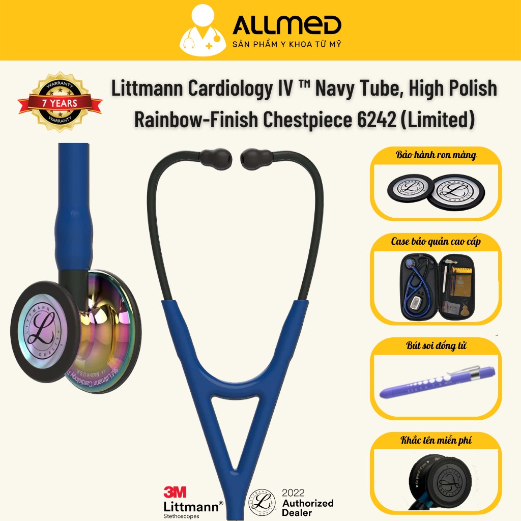 Ống nghe Littmann Cardiology IV ™ màu Navy & Rainbow, gương cầu vồng, mã 6242, chính hãng 3M Mỹ
