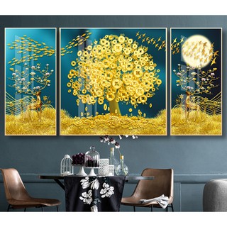 Bộ 3 tranh treo tường VTC cây vàng tài lộc chất liệu bóng kính hoặc vải canvas HD 160x80 cm 20-8-2020