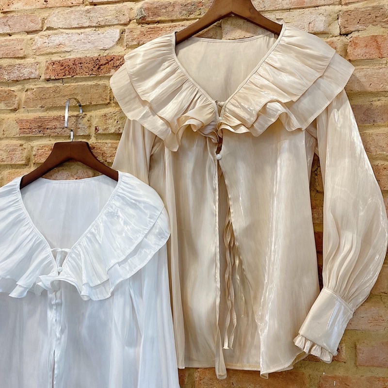 Áo sơ mi kiểu nữ tay dài chất liệu organza 2 màu nude và trắng