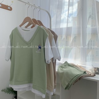 Set thun áo thêu gấu+Shorts cạp chun