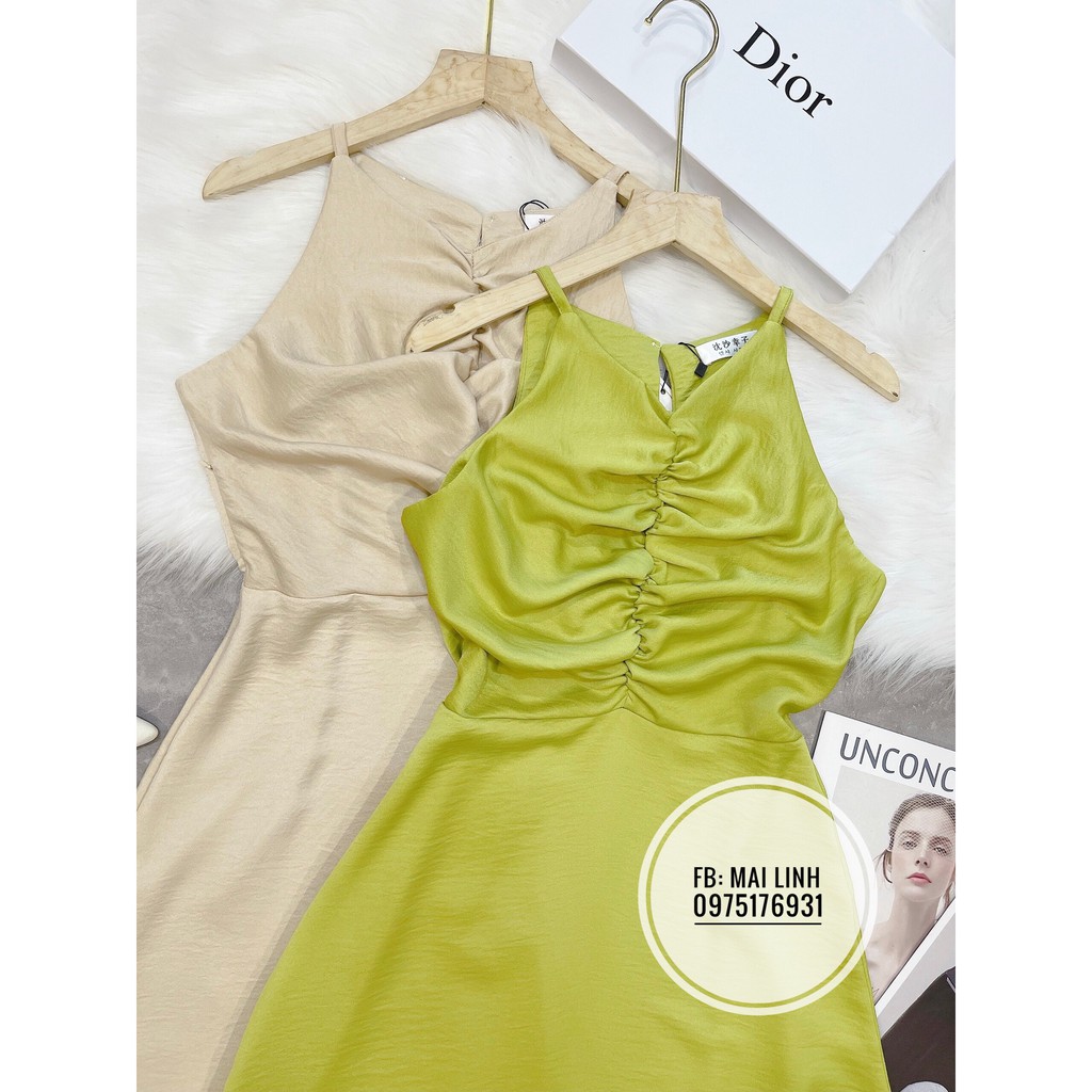 ⚡ Đầm xòe cổ yếm 2 màu xanh và be | BigBuy360 - bigbuy360.vn