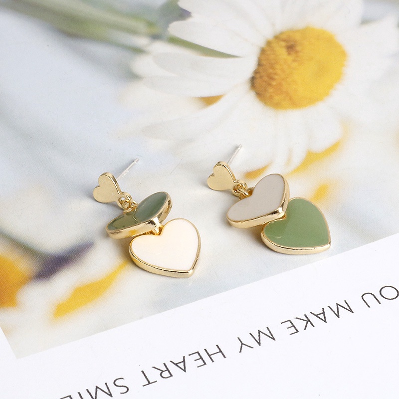 Khuyên tai mạ bạc 925 thiết kế mặt trái tim màu xanh lá xinh xắn thời trang