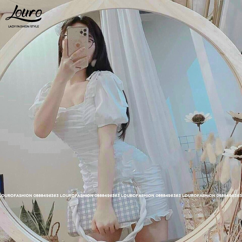 Đầm body trắng cổ vuông tay phồng, mẫu đầm nhún eo che khuyết điểm hiệu quả, tôn dáng tôn da -L065 | BigBuy360 - bigbuy360.vn