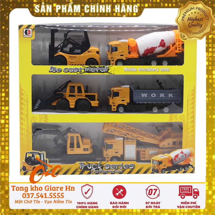 Xe công trình, Bộ 6 xe công trình hợp kim cho bé, Xe có cót kéo thả, xe cẩu, xe múc, xe ben, xe bồn, xe nâng, xe ủi