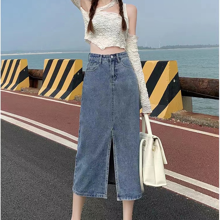 Chân Váy Midi Chữ A Eo Cao Xẻ Tà Retro Hàn Quốc Mới Mùa Hè Cho Bạn Gái