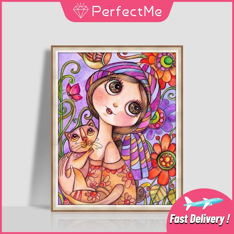 Bộ tranh đính đá 5D tự làm 30 X 40cm hình cô gái và mèo hoạt hình