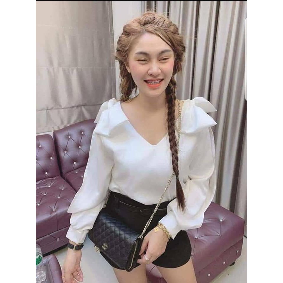 Áo Voan Kiểu Cổ V Tay Dài Phối Nơ Hai Vai Mẫu Mới Nữ Tính TTSL0146