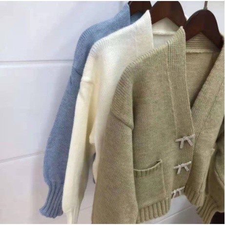Áo khoác cardigan Pure Cube dệt kim tay phồng phối nơ đính kim cương nhân tạo phong cách thu đông dành cho nữ