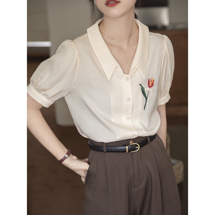 Áo sơ mi công sở thêu hoa tuy lip QUYÊN FASHION SMT009, màu hồng kiểu hàn quốc thanh lịch