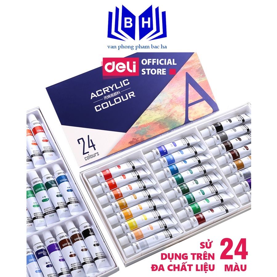 BẮC HÀ Màu Acrylic chuyên nghiệp Deli - 12ml/tuýp - vẽ vải / vẽ quần áo / vẽ giày - 12/18/24 màu - 73856 / 3857 / 73858