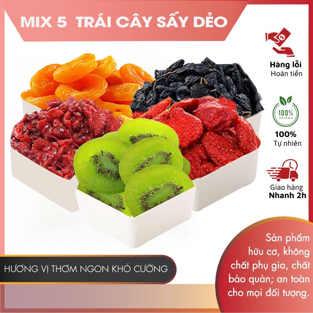 Trái Cây Sấy Dẻo Không Đường 600g Mix 5 loại Dâu Tây, Kiwi, Nam Việt Quất, Mơ, Nho nhập khẩu, Hoa quả sấy dẻo