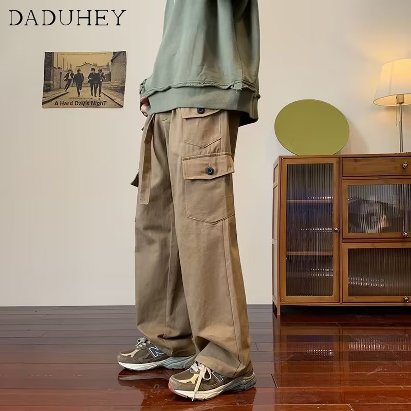 DaDuHey Autumn American Retro Multi-Pocket Elastic Waist Overalls Men's and Women's Oversize Loose Straight Casual Pants