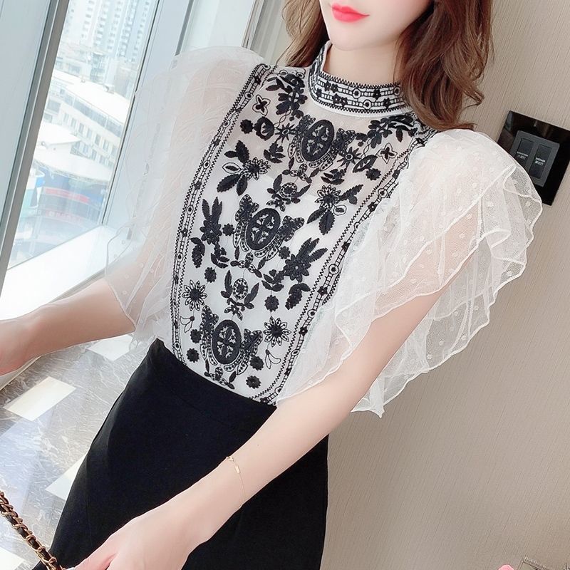 Áo Sơ Mi Tay Dài Phối Ren Lưới Hoạ Tiết Thêu Thiết Kế Ôm Sát Tôn Dáng