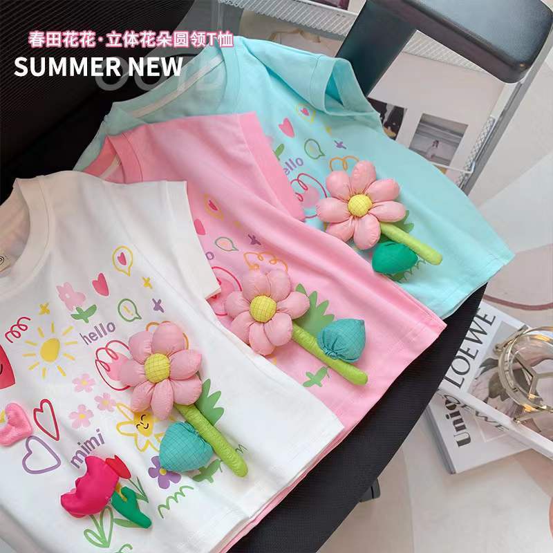 Áo Thun Cotton Ngắn Tay Họa Tiết Hoa Thời Trang Mùa Hè Cho Trẻ Em Gái