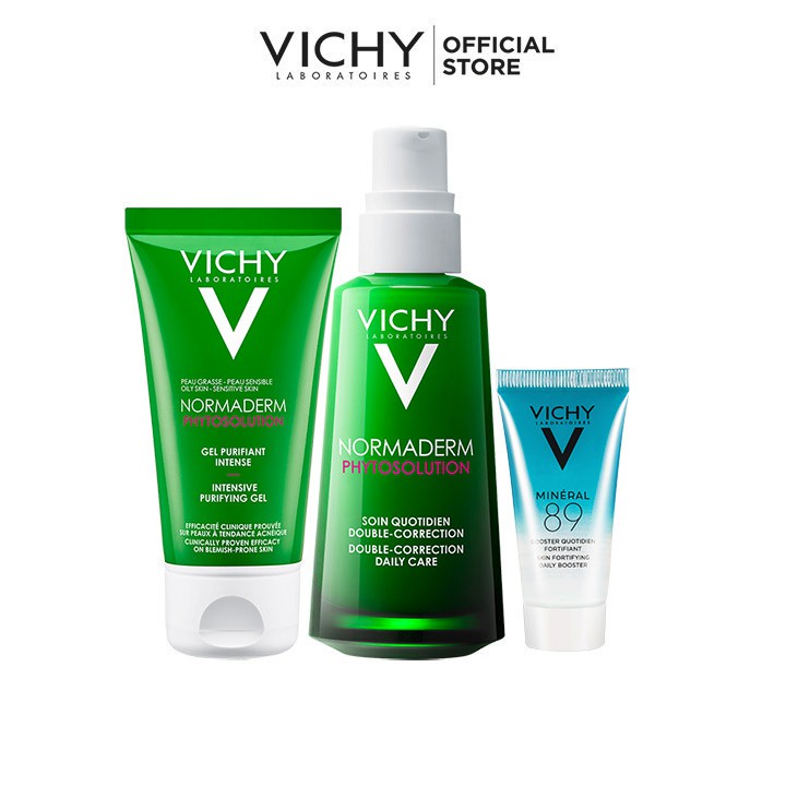 Bộ sản phẩm Kem dưỡng và dưỡng chất giúp giảm mụn & phục hồi da Vichy