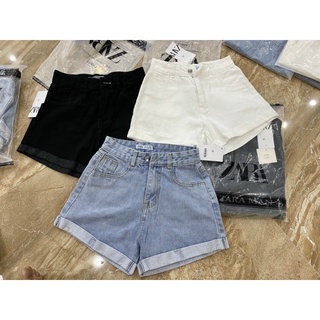 Quần đùi nữ jean lưng cao ống rộng - Quần short bò gập gấu vải không giãn dành cho nữ