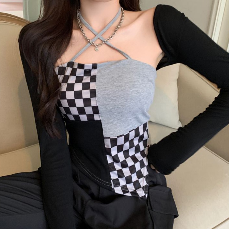 Áo croptop dệt kim không tay dáng ôm in họa tiết caro thời trang cho nữ