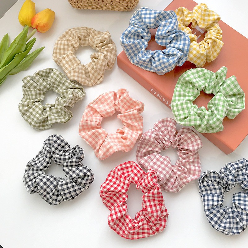 [Mã FAMARAL1 giảm 10K đơn 50K]Dây buộc tóc scrunchies caro phong cách dễ thương giá rẻ